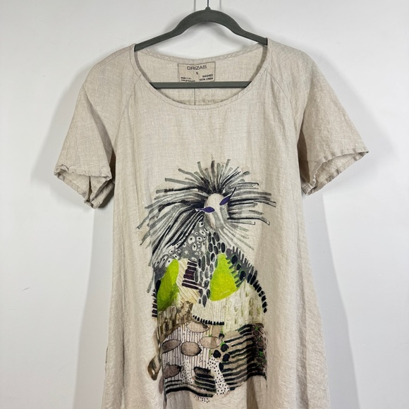 Grizas Beige Linen Art Dress Size S 100% Linen Pocket Balloon Hem Lagenlook - Picture 3 of 11